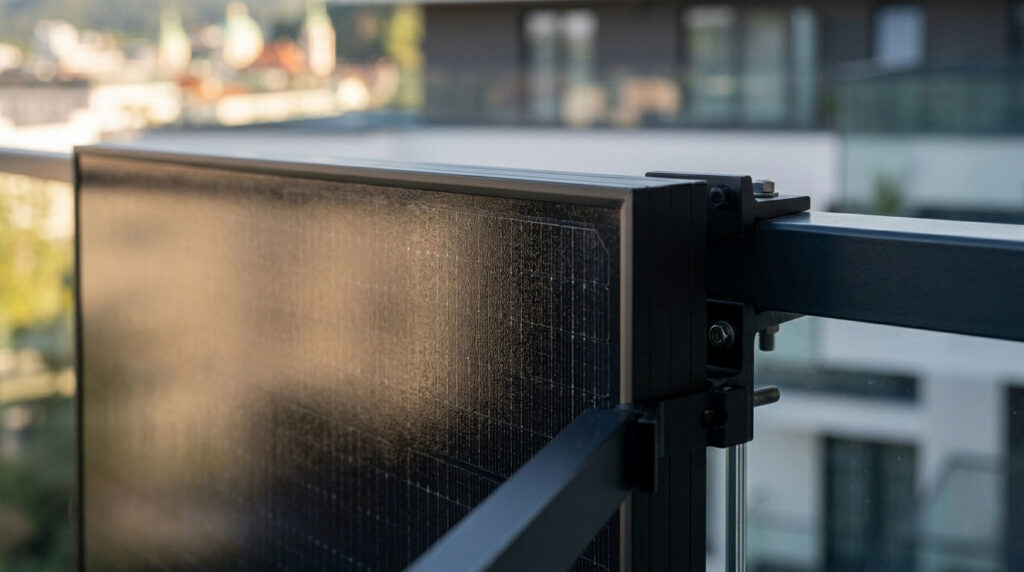 Detajlni pogled na visokoučinkovit solarni panel hribitec - trpežna konstrukcija in sodoben dizajn za balkonske sisteme.